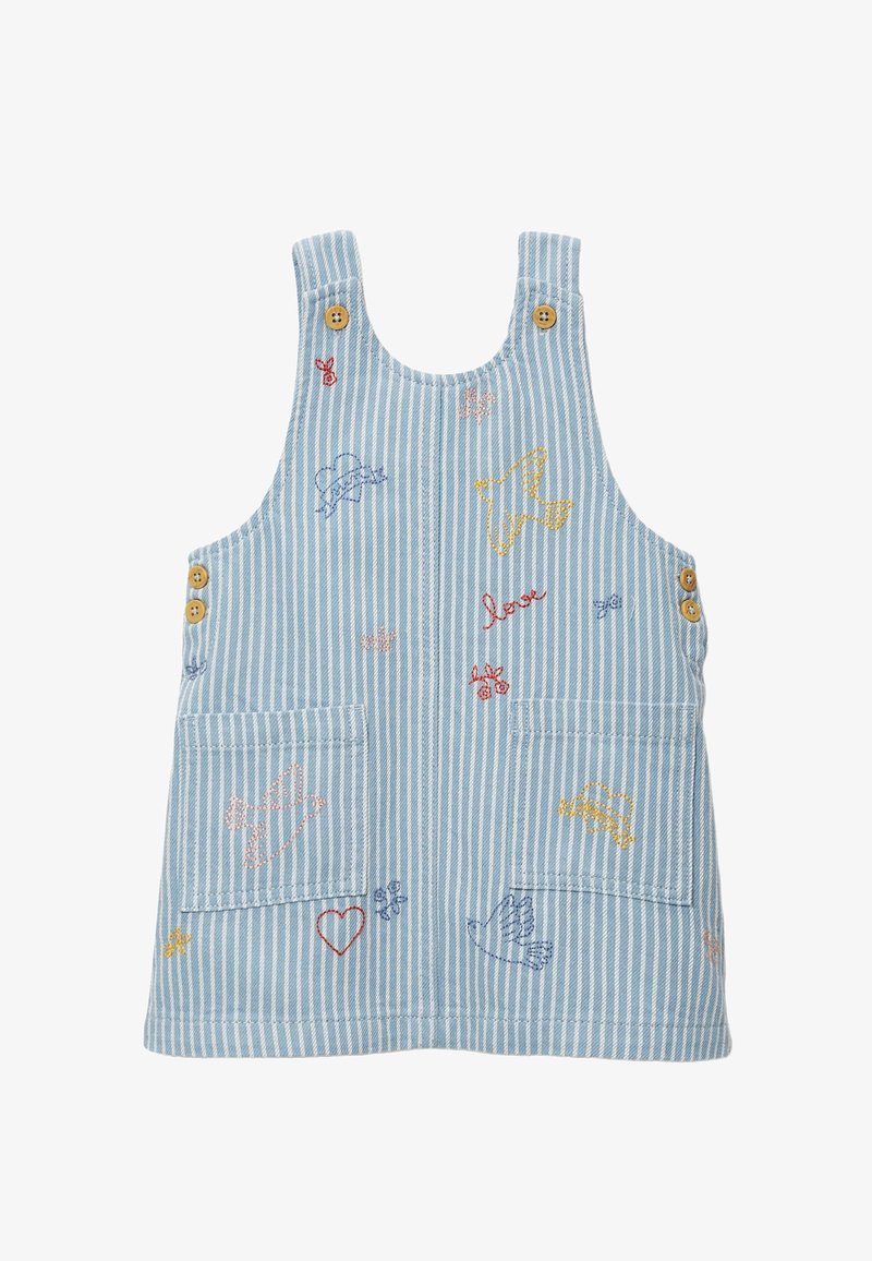 Robe pour tout-petit à rayures bleues et blanches avec des boutons en bois et des oiseaux, des cœurs colorés brodés, ainsi que le mot "amour", avec des poches à l'avant.