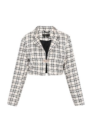 Gekürzte Jacke aus einem strukturierten gewebten Stoff mit einem schwarz-weißen Karomuster, mit Notch-Kragen und einem einzelnen dekorativen Knopfverschluss.