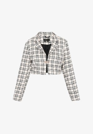 Giacca corta in un tessuto intrecciato testurizzato con un motivo a scacchi bianco e nero, colletto a scelte e chiusura a bottone decorativo singolo.