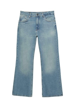 Helle blaue Denim-Jeans mit weitem Bein, fünf Taschen, Knopfverschluss und subtilen Ausbleichungen, mit einem rohen Saum und robusten Nähten.
