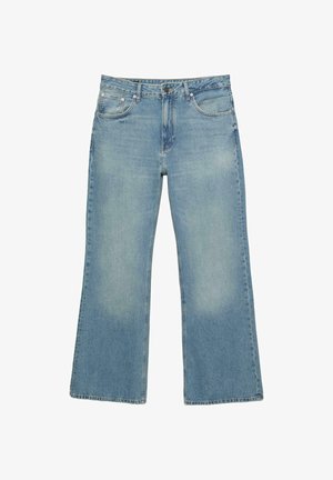 Lysblå denim bukser med vid ben, fem lommer, knaplukning og diskret falmning, med rå kant og kraftig syning.