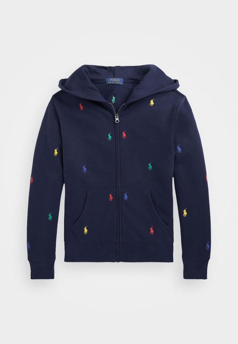 Marine blå hettegenser med glidelås laget av mykt stoff, med flerfargede broderte polo-logoer, frontlommer og hette med snor.