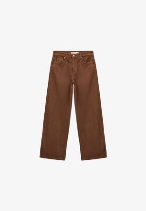 Bruine wijde jeans gemaakt van een stevige katoenstof, met een hoge taille, vijf zakken en een knoopsluiting aan de voorkant.