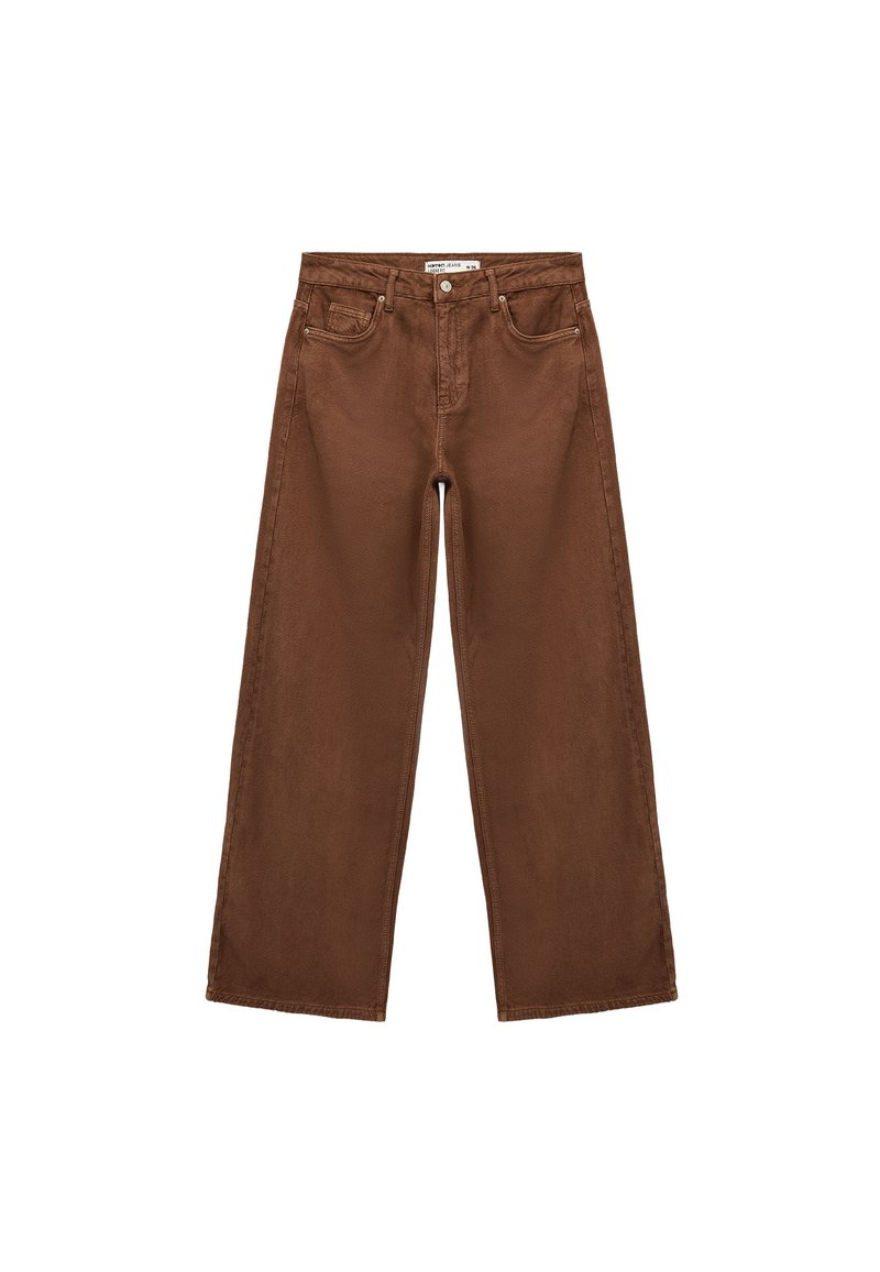 Brązowe dżinsy o szerokich nogawkach wykonane z wytrzymałego materiału bawełnianego, z wysokim stanem, pięcioma kieszeniami i zapięciem na guziki z przodu.