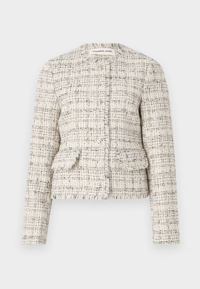 Cream and black textured tweed blazer with a round neckline, button closure, and two front pockets. Frayed edges and fitted design.