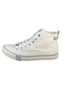 White high-top sneakers with lace texture, rubber outsole, silver accents, metal eyelets, and flat laces. Solid toe cap and heel tab.