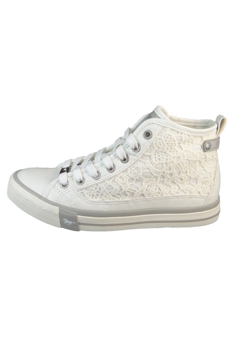 White high-top sneakers with lace texture, rubber outsole, silver accents, metal eyelets, and flat laces. Solid toe cap and heel tab.