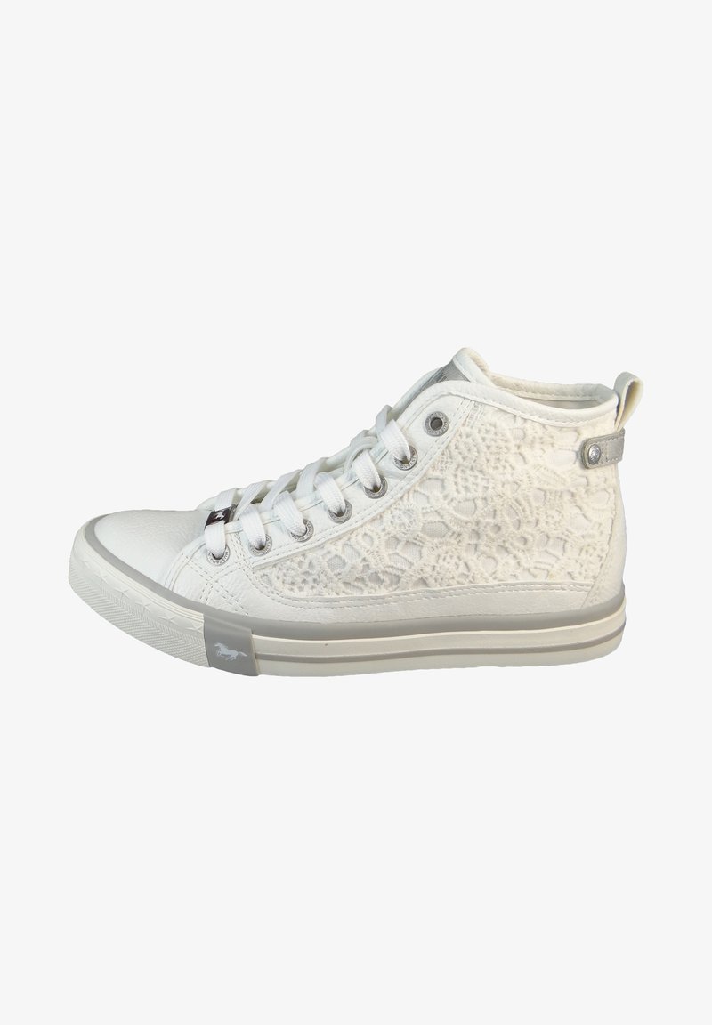 White high-top sneakers with lace texture, rubber outsole, silver accents, metal eyelets, and flat laces. Solid toe cap and heel tab.