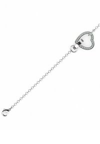 Silberne Kettenarmband mit charm in Herzform, der eine glatte Mitte hat und am Rand mit klaren Edelsteinen verziert ist.