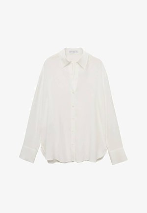 Bela srajca z dolgimi rokavi in gumbi, izdelana iz lahkega materiala, z klasičnim ovratnikom, zaobljenim robom in zaprtimi manšetami.