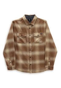 Bruine en crèmekleurige geruite shirt met een knoopsluiting, twee borstzakken en zwarte knopen; zacht materiaal met een gestructureerde afwerking.