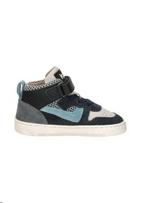 Hoge sneakers met een mix van blauw, grijs en zwart suede. Voorzien van een klittenbandsluiting, mesh panelen en een witte rubberen zool.