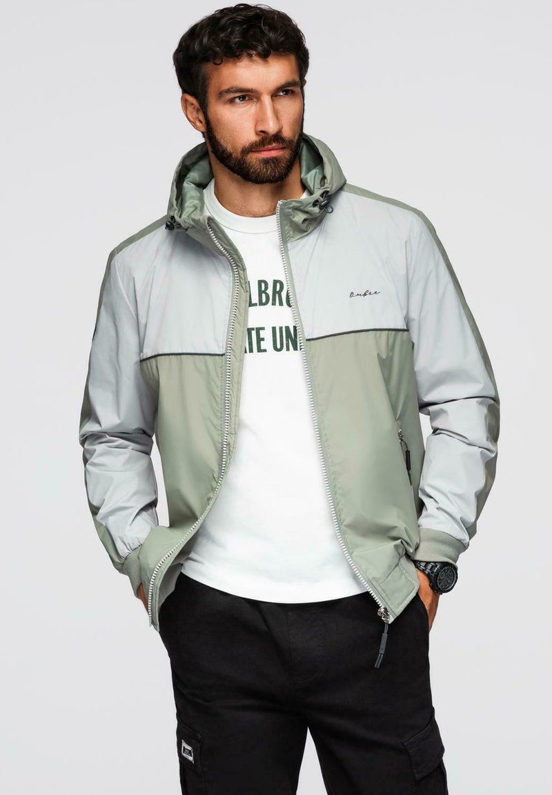 Chaqueta ligera con cremallera en gris y verde claro, que presenta un cuello alto, puños elásticos y un logo en el pecho. Tejido texturizado.