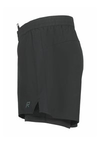 Sorte atletikshorts med indre kompressionslag, elastisk linning, ventilationspaneler i siden og lille reflekterende logo nær kanten.