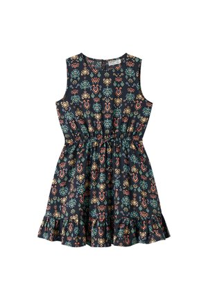 Ärmelloses schwarzes Kleid mit buntem, abstraktem Blumenmuster, geraffter Taille und Rüschensaum.