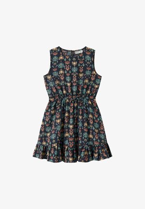 Ärmelloses schwarzes Kleid mit buntem, abstraktem Blumenmuster, geraffter Taille und Rüschensaum.