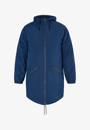 Sötétkék kapucnis dzseki elülső cipzárral, két ferde elülső zsebbel, rugalmas mandzsettákkal és állítható húzózsinórral rendelkező hemnél.