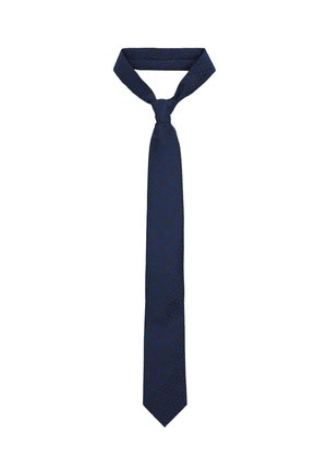 Granatowy krawat z teksturowanym wzorem heksagonów. Wykonany z tkaniny, ma spiczasty koniec i tradycyjny design.