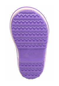 Semelle en caoutchouc violet avec un motif en zigzag texturé, bout rond et détail de branding circulaire. Présente une légère transparence sur les bords.