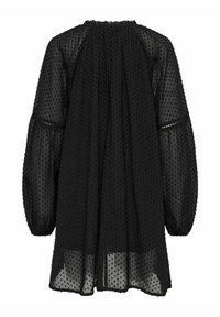 Čierna priehľadná blúzka s textúrovanými bodkami, dlhé nafúknuté rukávy, elastické manžety a nariasený výstrih, zobrazená zozadu.