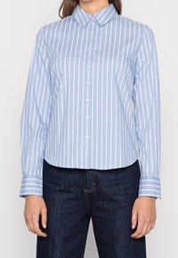 Lichtblauwe blouse met witte verticale strepen, lange mouwen en een puntige kraag. De stof lijkt glad en iets glanzend.