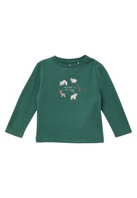 Grünes Langarmshirt aus weichem Baumwollmaterial, das ein Grafikmotiv von einem Bauernhoftier zeigt, mit dem Text "WILLKOMMEN AUF MEINEM BAUERNHOF" in der Mitte.
