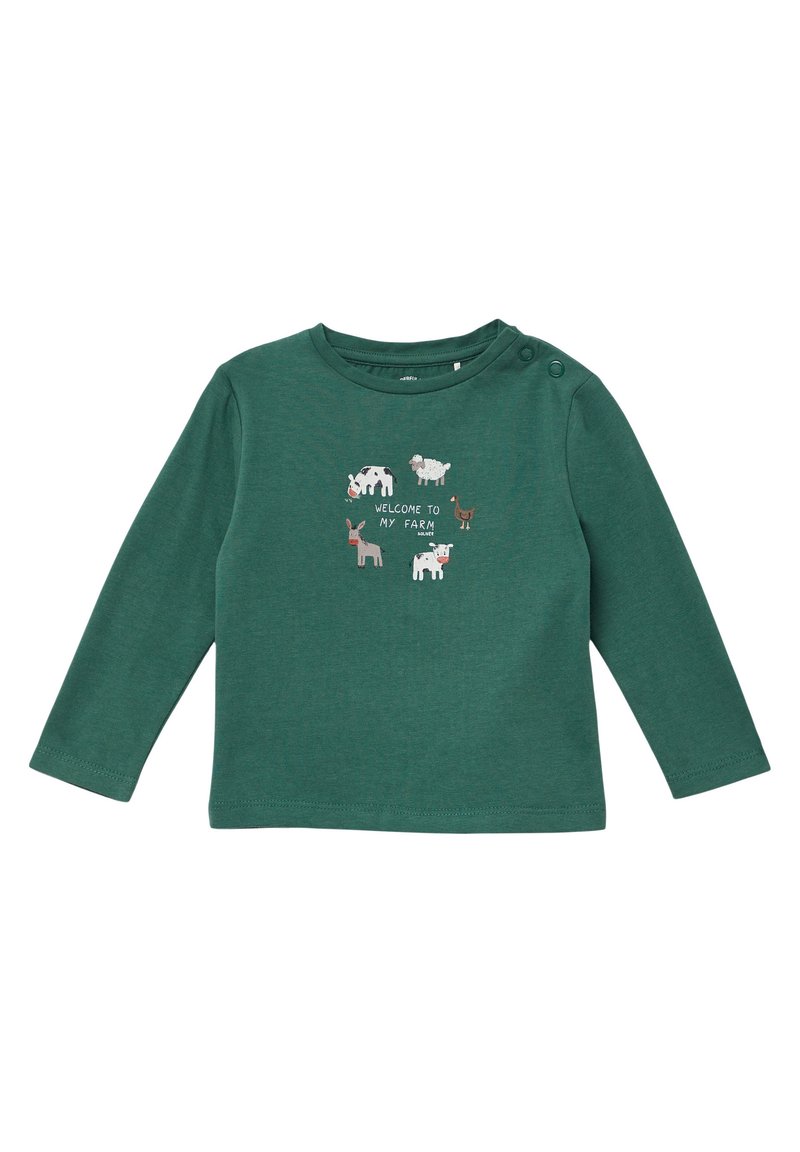 Grünes Langarmshirt aus weichem Baumwollmaterial, das ein Grafikmotiv von einem Bauernhoftier zeigt, mit dem Text "WILLKOMMEN AUF MEINEM BAUERNHOF" in der Mitte.