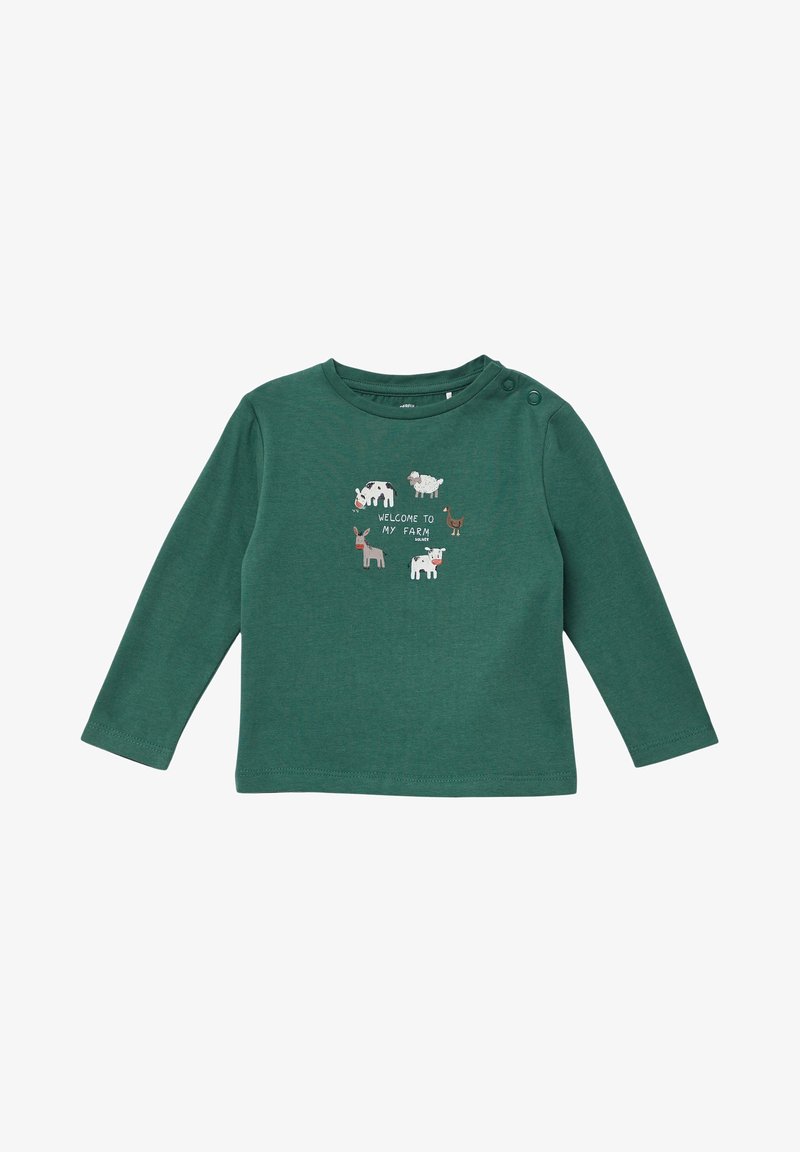 Grünes Langarmshirt aus weichem Baumwollmaterial, das ein Grafikmotiv von einem Bauernhoftier zeigt, mit dem Text "WILLKOMMEN AUF MEINEM BAUERNHOF" in der Mitte.