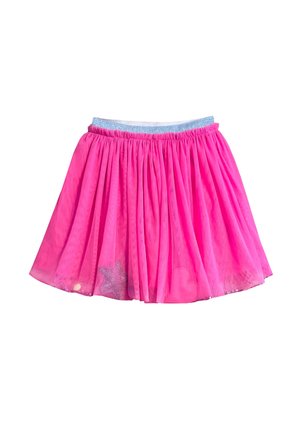 Rosa Tüllrock mit einer gerafften Taille, versehen mit einem schimmernden blauen Gummibund und sternförmigen Akzenten nahe dem Saum.