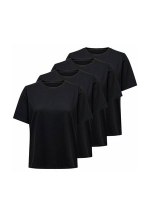 Quattro magliette nere a maniche corte con collo a girocollo, disposte in una fila sfalsata su uno sfondo bianco.