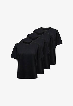 Quatre t-shirts noirs unis à manches courtes et col rond, disposés en rangée décalée sur un fond blanc.