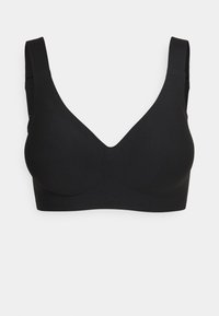Zwarte bh met een v-halsontwerp, gemaakt van gladde stof. Heeft brede bandjes en een naadloze afwerking voor comfort.
