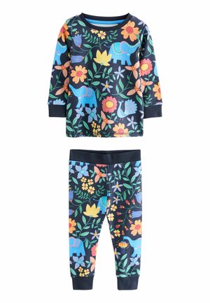 Blue elephants and colorful flowers on a navy background, elastic waistband, long-sleeve top and pants set, soft cotton fabric.