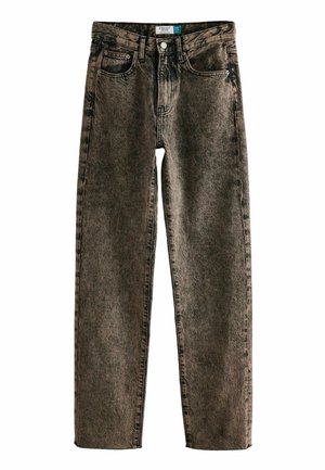 Brune vasket denim jeans med høj talje og lige pasform, forlommer, knaplukning, bæltestropper og synlige syninger.