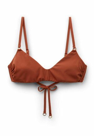 Bikinitop i rustfarve med justerbare skulderstropper og en knyttet sløjfesnor foran i midten.