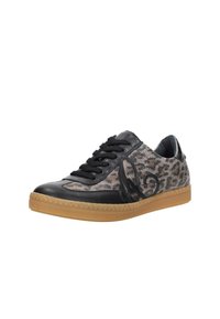 Black lace-up sneaker with a textured leopard-patterned upper, smooth leather accents, and a light brown rubber sole.