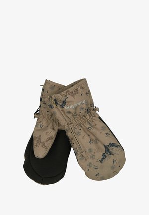 Mănuși bej cu modele albastre de munte și celeste, având o palmă neagră texturată pentru prindere și închidere elastică la încheietură pentru fixare.