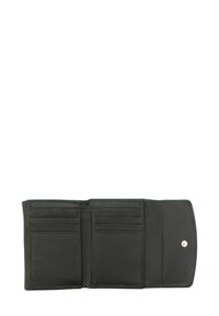 Black leather wallet with multiple card slots, a textured surface, a snap closure, and a compact, rectangular shape.