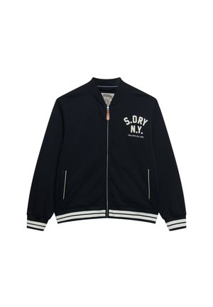 Granatowa kurtka na zamek błyskawiczny z białymi paskowanymi mankietami i dołem, przednimi kieszeniami oraz napisem „S.DRY N.Y.” na piersi.
