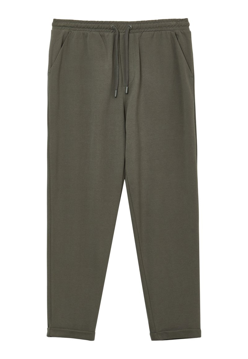 Dunkelgrüne Trainingshosen aus weichem Stoff, mit elastischem Bund und Kordelzug, Seitentaschen und Bündchen am Saum.