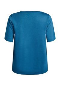 Tričko s krátkým rukávem v jednobarevné modré, vyrobené z hladké látky. Má kulatý výstřih a volný střih s zaobleným lemem. Bez vzorů a ozdob.