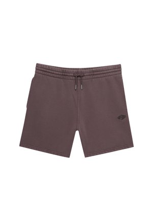 Brune afslappede shorts med elastisk talje og snøre, med lille sort logo på venstre ben.