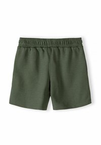 Shorts à taille élastique couleur vert olive avec une texture lisse, présentant un design simple sans poches visibles ni décorations.