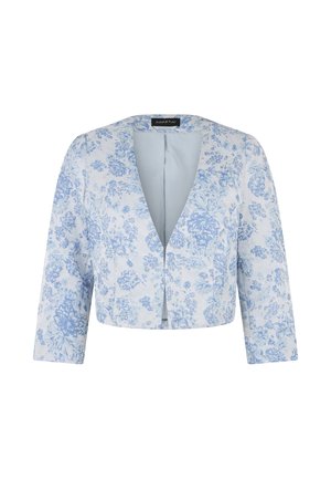 Weißer, kurz geschnittener Blazer mit hellblauem Blumenmuster, dreiviertellangen Ärmeln und offenem Vorderteil.