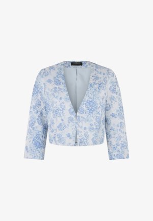 Weißer, kurz geschnittener Blazer mit hellblauem Blumenmuster, dreiviertellangen Ärmeln und offenem Vorderteil.