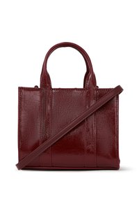 Burgundy leather handbag with a glossy finish, featuring two short handles and a detachable shoulder strap, rectangular shape, and vertical seams.