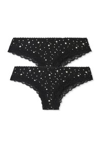 Mutande nere con pizzo, caratterizzate da un motivo a stelle e punti color crema. Il tessuto ha una texture morbida, con un delicato fiocco sul davanti.