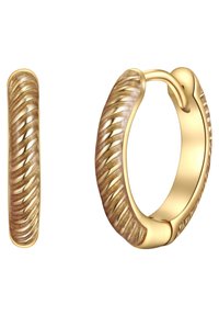 Guldtonade hoopörhängen med en tvinnad design. Har en texturerad yta och en sömlös gångjärnslåsning för säker användning.