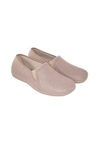 Zapatos de lona rosa claro sin cordones, hechos de material de malla con una superficie texturizada, que cuentan con paneles laterales elásticos y una suela de goma flexible.