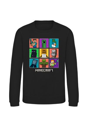 Zwarte sweatshirt met negen Minecraft-personages in kleurrijke vierkanten en het woord "Minecraft" eronder.